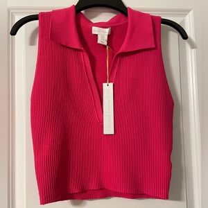 House of Harlow 1960 Deep V-neck Ribbed Collared Crop Top - Pink